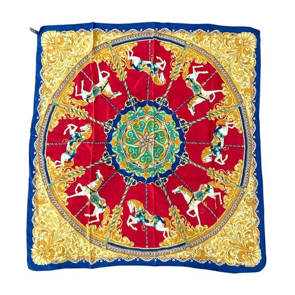 Vintage Italian Silk Scarf Carousel Horse Design 100% Silk 30 x 32 Made In Italy - Picture 1 of 6